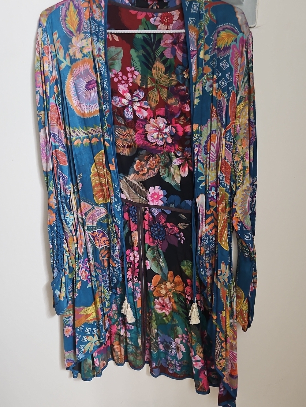 Johnny Was Teal Multicolor Floral Long Sleeve Dress with Kimono